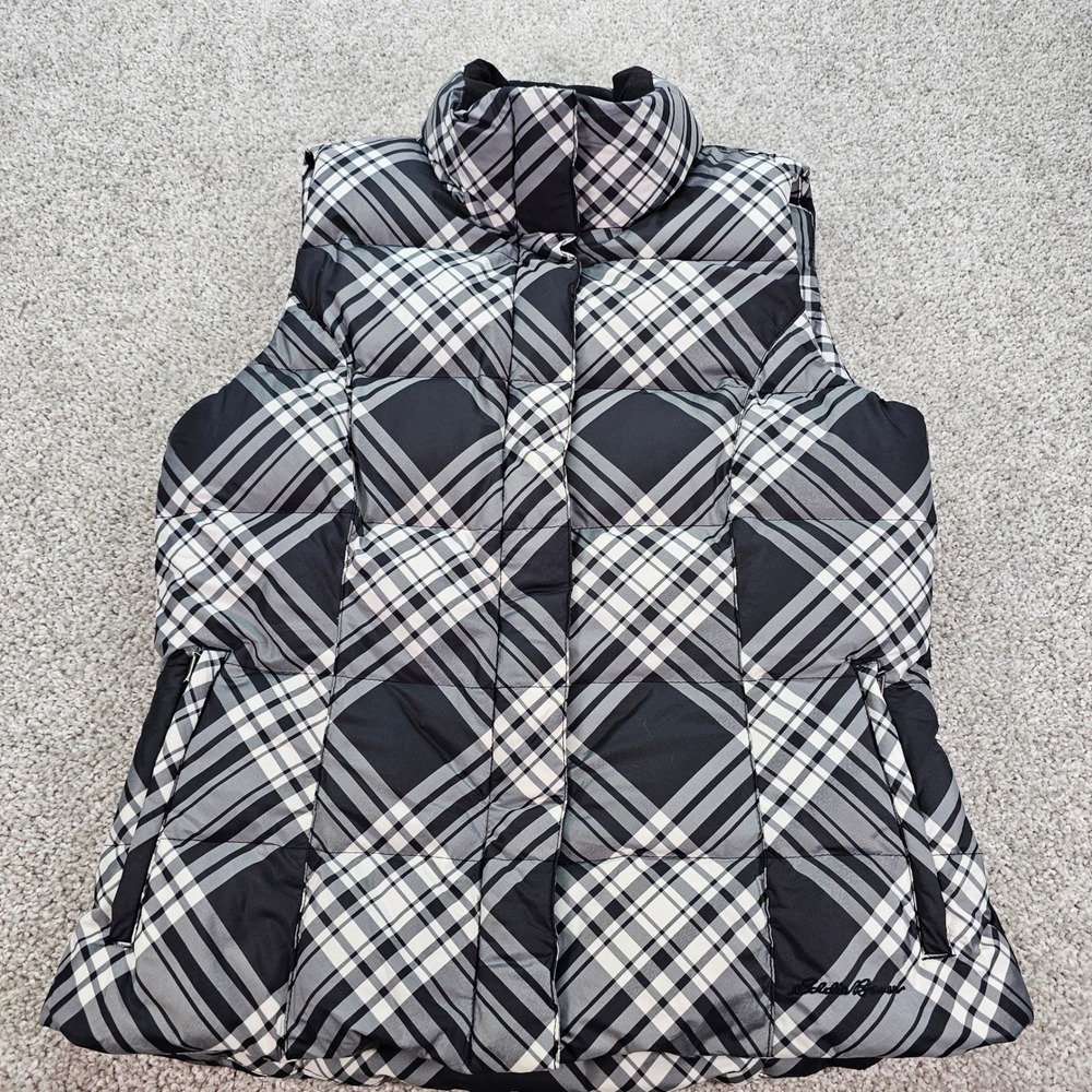 Eddie Bauer Womens Puffer Vest Black White Plaid Goose Down Insulated Size‎ M